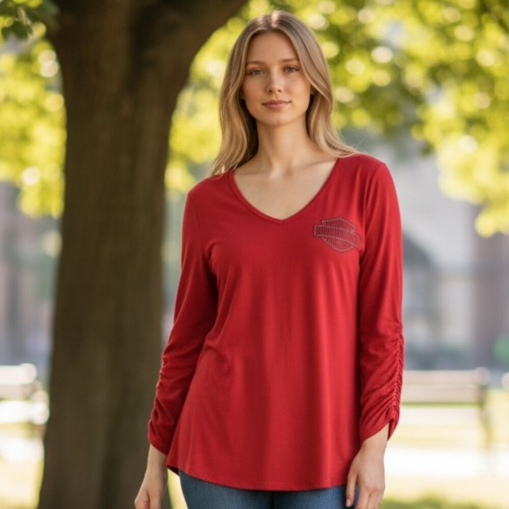 Harley Davidson V-Neck Long Sleeve Top Beaded/Studded Logo Sz L Red #59G